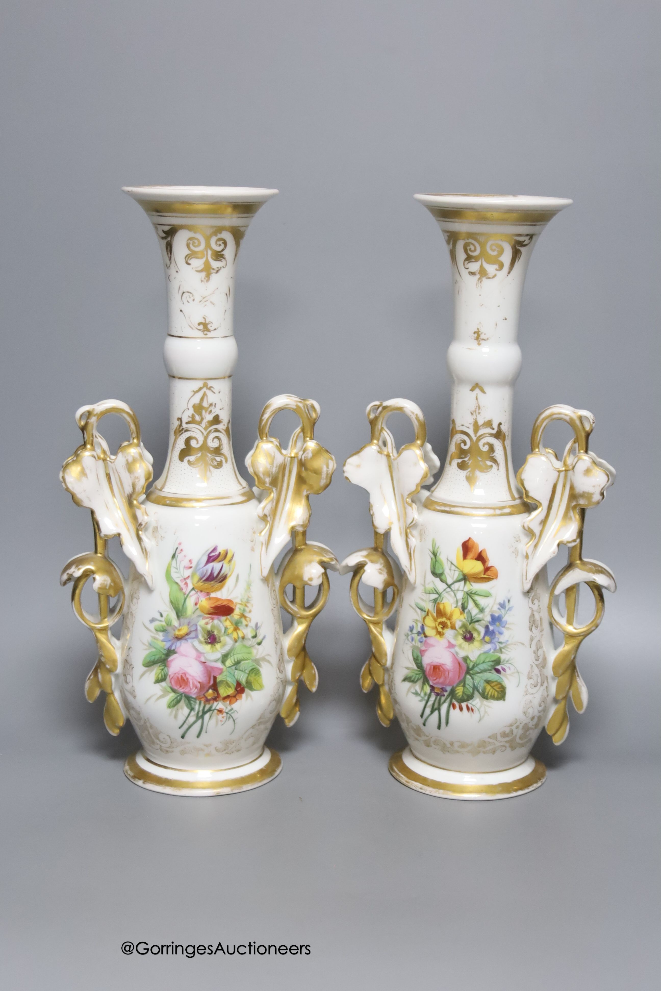 A pair of 19th century painted Paris porcelain vases, base marked B.B., together with a pair of Paris porcelain campana urns, tallest 32cm